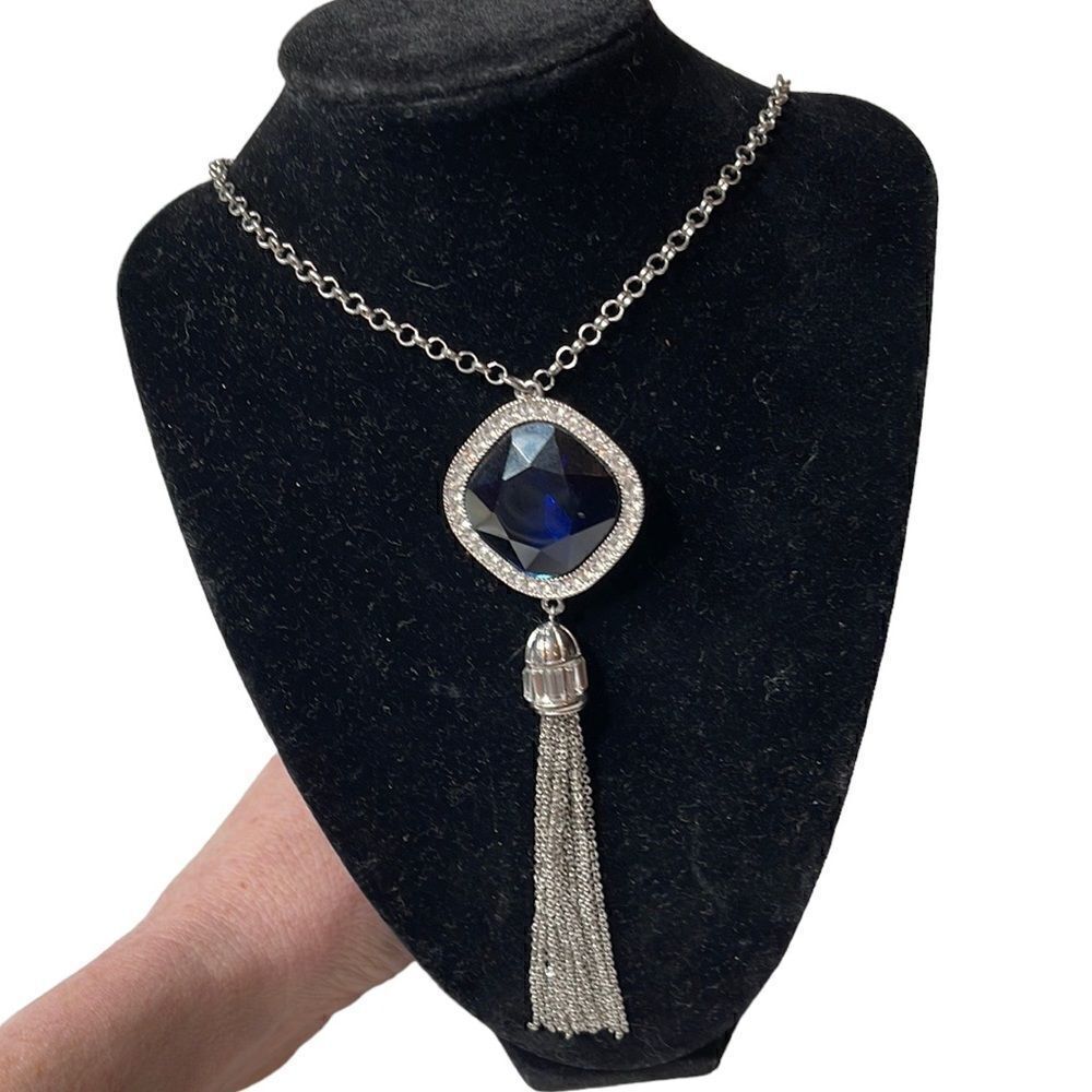 Blue Onyx With Imitation Diamonds Silver Tassel Necklace.